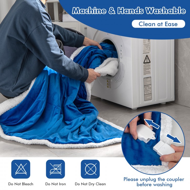 Heated electric blanket throw in blue, featuring soft velvet and sherpa fleece, machine washable for easy cleaning.