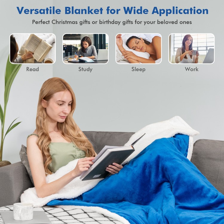 Soft blue heated electric blanket throw with sherpa fleece, perfect for reading or studying at home.