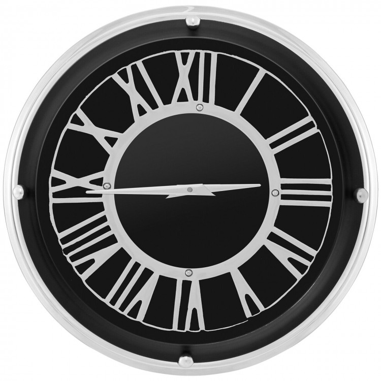 Silent wall clock with silver frame and decorative numbers, featuring a dust-proof glass cover for easy maintenance.