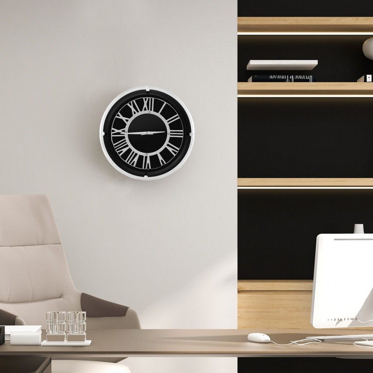Silent wall clock with silver frame and decorative numbers, perfect for any room decor, ensuring accurate timekeeping.