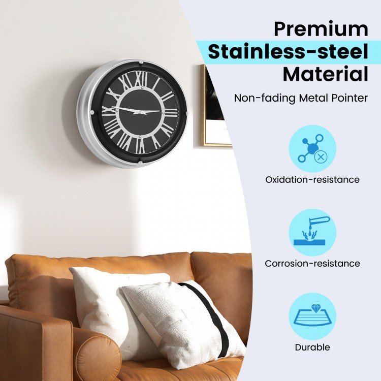 Silent wall clock with silver frame, 13.5/17.5 inches, features dust-proof glass cover and elegant design for any room.