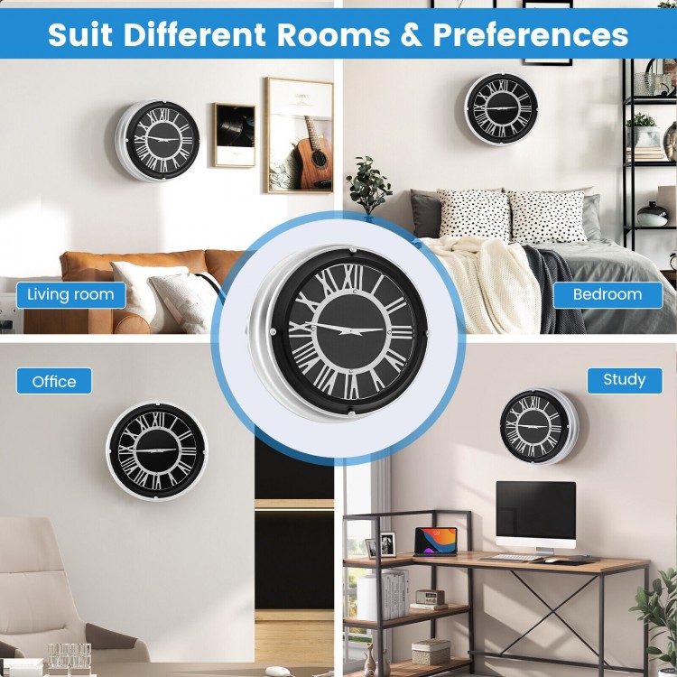Silent wall clock with silver frame, 13.5/17.5 inches, features decorative numbers and dust-proof glass cover for easy.