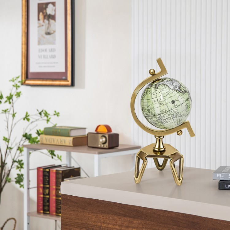 5-inch educational world globe with a golden triangle metal stand, ideal for indoor decor and learning about geography.