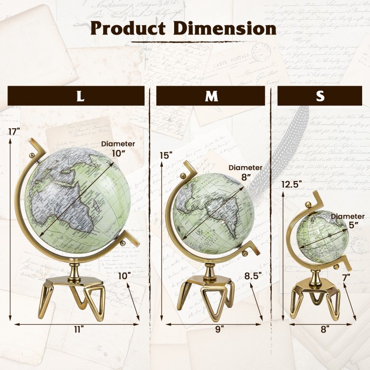Dimensions of the 5-inch Educational Geographic World Globe with a triangle metal stand, ideal for indoor decor and.