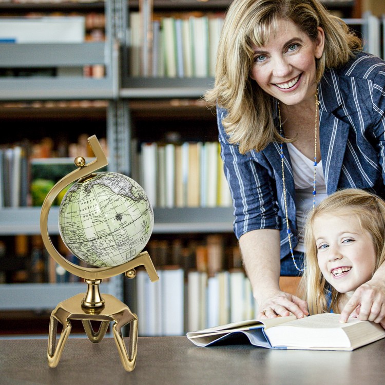 5-inch educational world globe with antique finish and golden triangle stand, ideal for home or classroom decor.