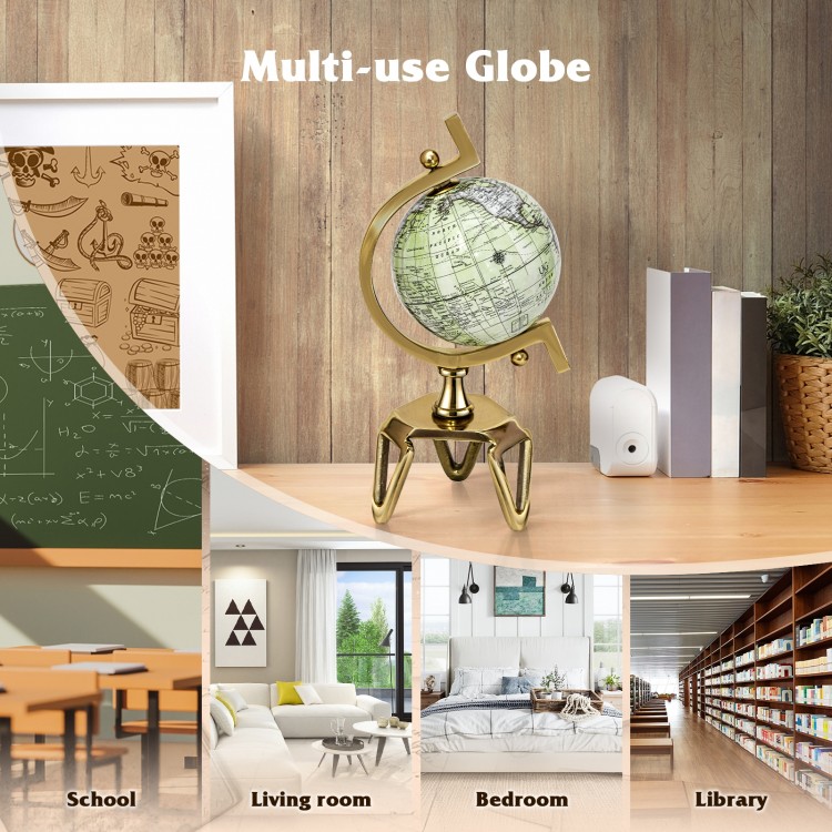 5-inch educational globe with a golden triangle metal stand, ideal for school, living room, or library decor.