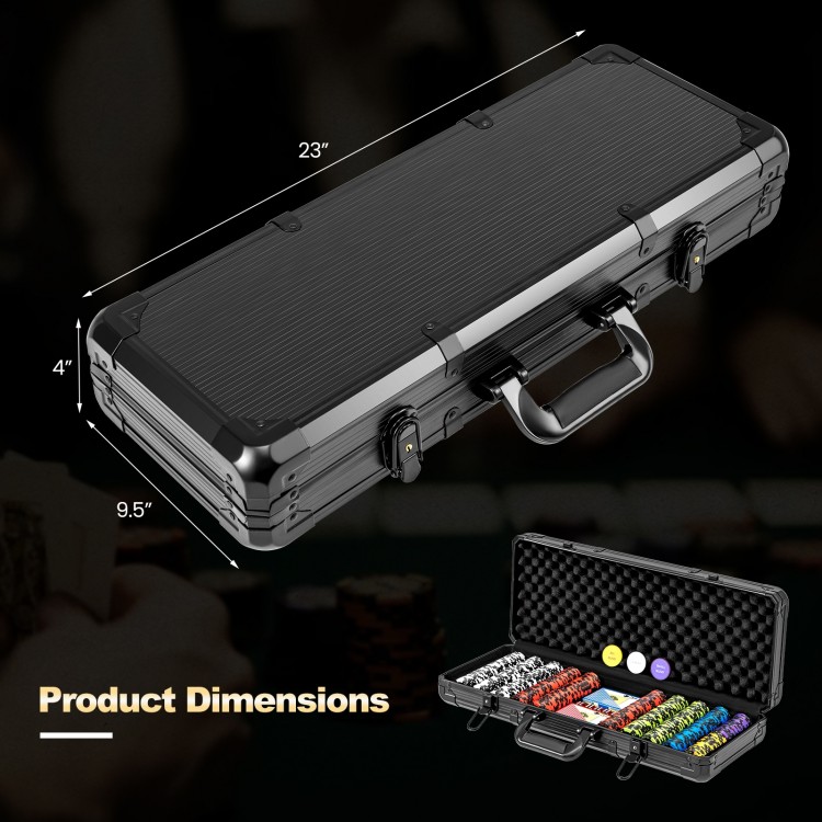 Poker chip set carrying case showing dimensions, featuring 14g chips and secure storage for card games.
