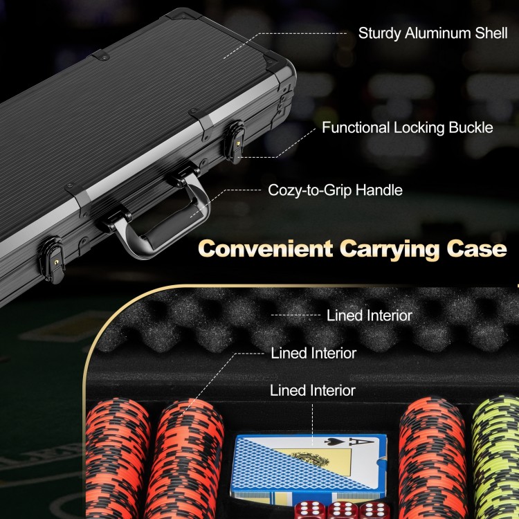 Convenient carrying case for 14 gram Texas Holdem poker chip set with sturdy aluminum shell and lined interior.