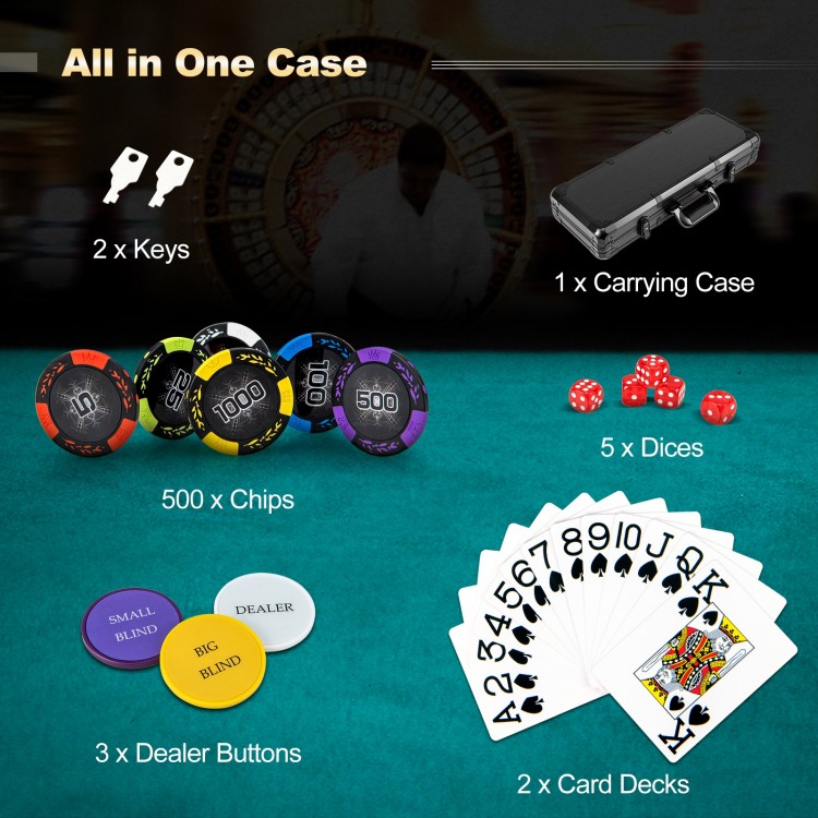 14-gram poker chip set with carrying case, 500 chips, 2 card decks, and accessories for casino-quality gameplay.
