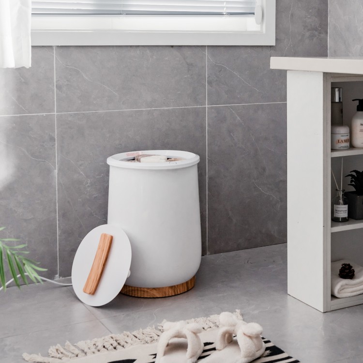 White 20L hot towel bucket with wooden base, featuring quick heating and auto shut-off for safe, convenient use.
