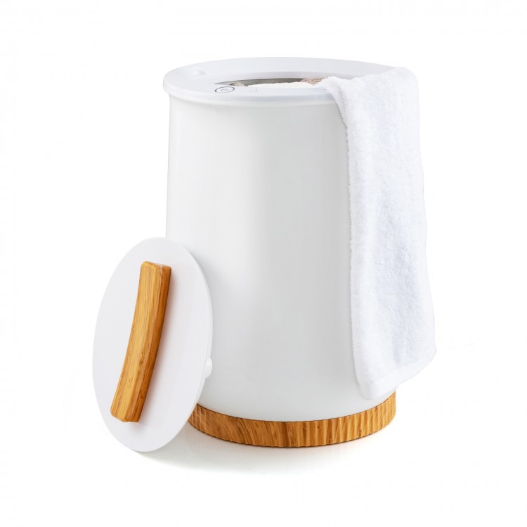 White 20L hot towel bucket with bamboo base, featuring quick heating and auto shut-off for safe, convenient use.
