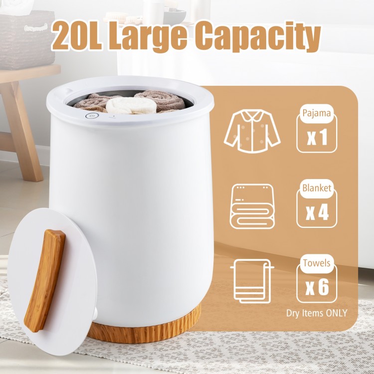 20L hot towel bucket in white with bamboo base, designed for quick heating and holding towels, pajamas, and blankets.
