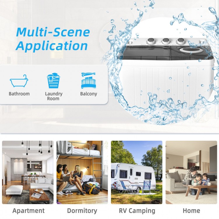 Twin tub portable washing machine in gray, 26 lbs capacity, designed for versatile use in home, dormitory, or RV.