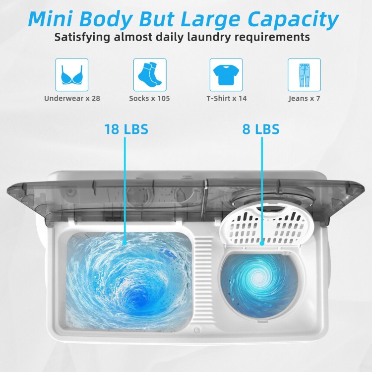 Twin tub portable washing machine in gray, 26 lbs capacity, featuring dual motors and built-in drain pump for efficient.
