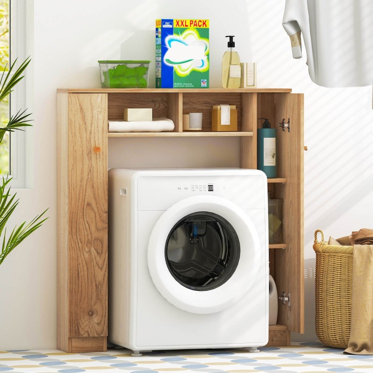 Over the toilet storage cabinet in natural finish with 2 open compartments and 4 adjustable shelves for bathroom.