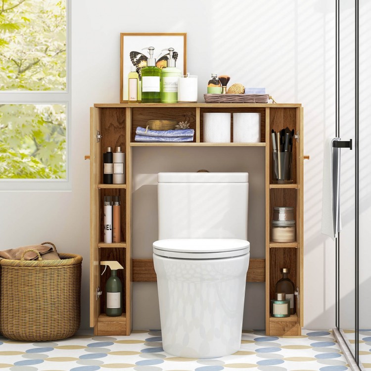 Over the toilet storage cabinet in natural finish with a side view showing adjustable shelves and open compartments for.