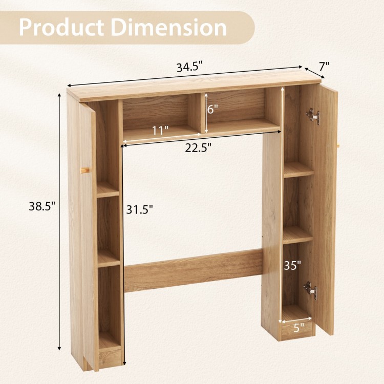 Over the toilet storage cabinet dimensions with 2 open compartments and 4 adjustable shelves in natural finish.