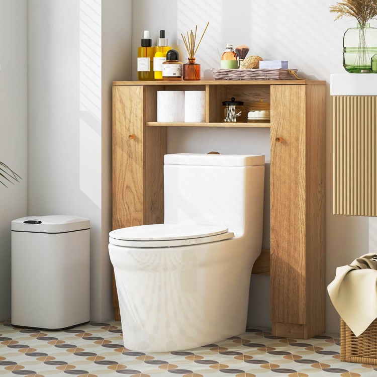Over the toilet storage cabinet in natural finish with a close-up view of its premium material and anti-scratch foot.