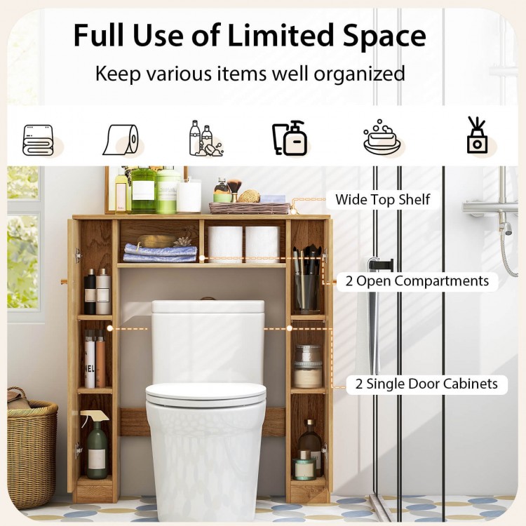 Over the toilet storage cabinet in natural finish with 2 single door cabinets, providing hidden storage for bathroom.