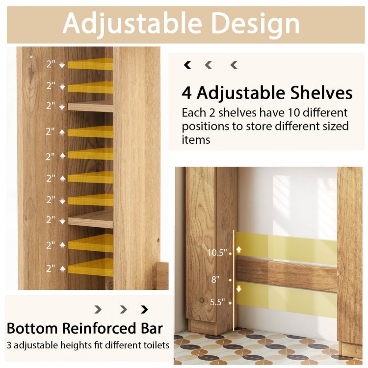 Over the toilet storage cabinet featuring 4 adjustable shelves and 2 open compartments for bathroom essentials.