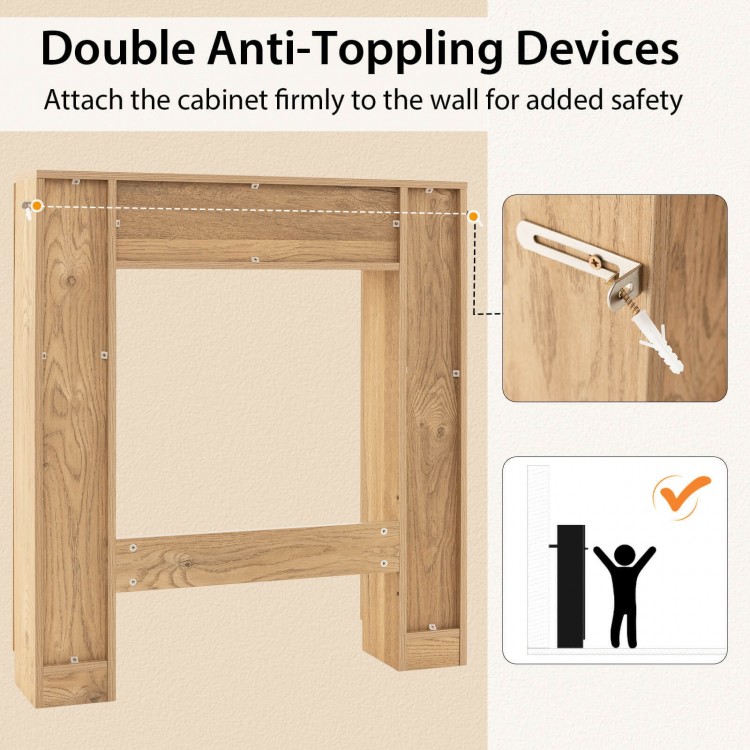 Over the toilet storage cabinet showcasing double anti-topping devices for added safety and stability in natural finish.