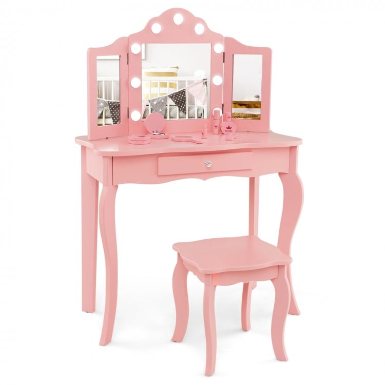 Kid Vanity Table Stool Set with Tri-Folding Mirror and 3-Color LED Lights - Gallery View 1 of 10