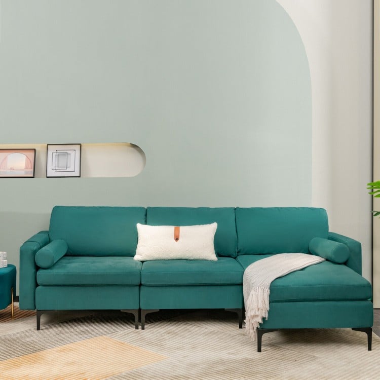 Peacock blue L-shaped sectional sofa with USB port, featuring soft cushions and ergonomic armrests for ultimate comfort.