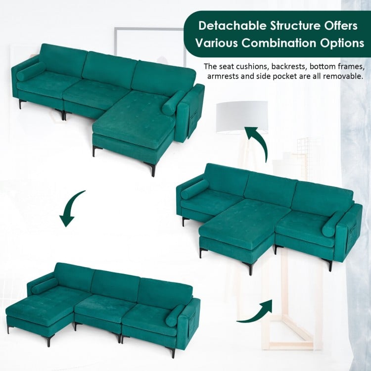 Modular 3-seat L-shaped sectional sofa in peacock blue suede with removable cushions and side pocket for storage.