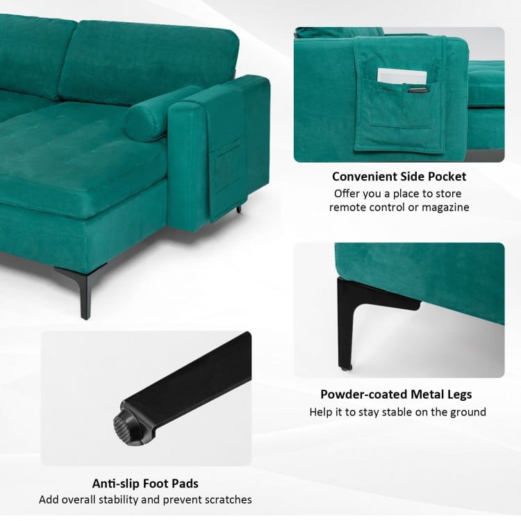 L-shaped sectional sofa in peacock blue suede with side pocket, metal legs, and anti-slip foot pads for stability.