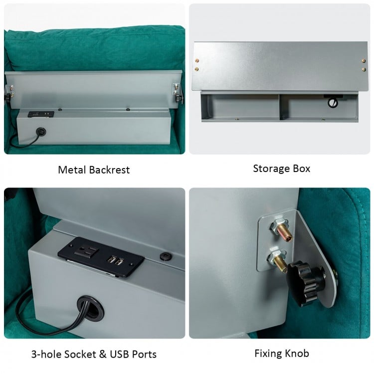 Metal backrest and storage box of the peacock blue modular L-shaped sectional sofa with USB ports.