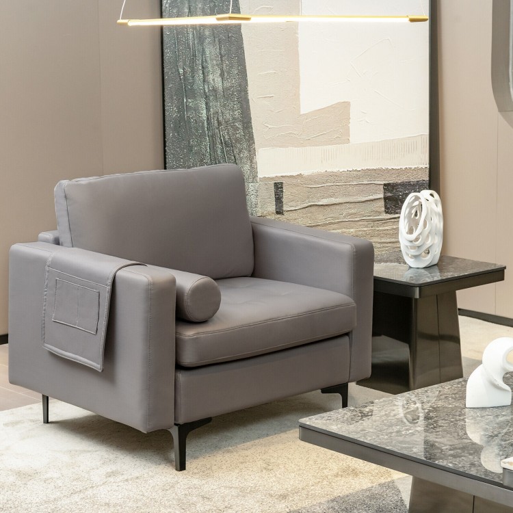 Modern gray single sofa with cushion bolster and side storage pocket, ideal for living room or office relaxation.
