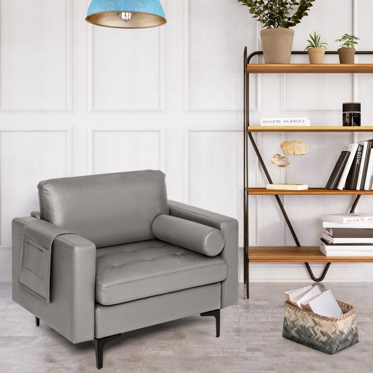 Modern gray single sofa with cushion bolster, side storage pocket, and ergonomic support for comfortable lounging.