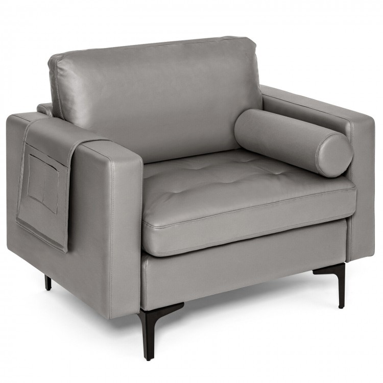 Modern gray single sofa with cushion bolster and side storage pocket, perfect for living room or office relaxation.