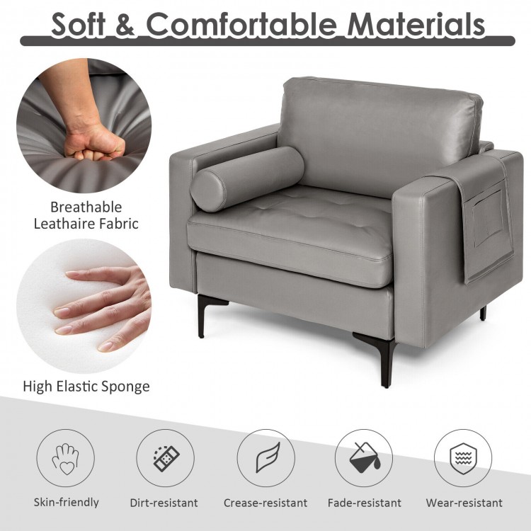 Modern single sofa in gray leathaire fabric with bolster, side storage pocket, and ergonomic support for comfortable.