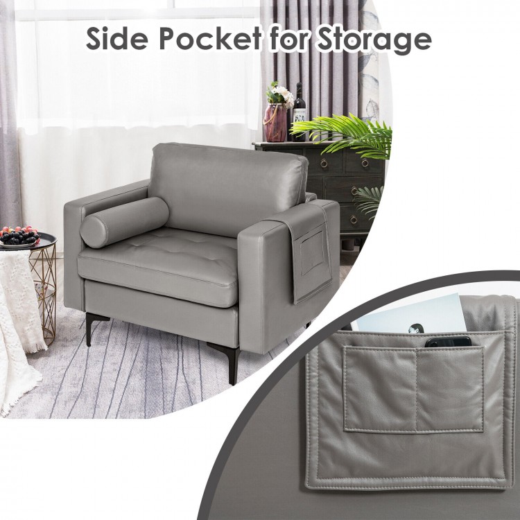 Modern gray single sofa featuring a side storage pocket, ergonomic armrests, and a comfortable padded cushion.