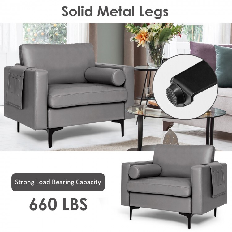 Modern single sofa in gray leathaire fabric with bolster, side storage pocket, and solid metal legs, supports 660 lbs.