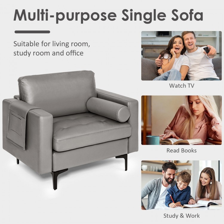 Modern single sofa in gray leathaire fabric with cushion bolster and side storage pocket, ideal for living room or.