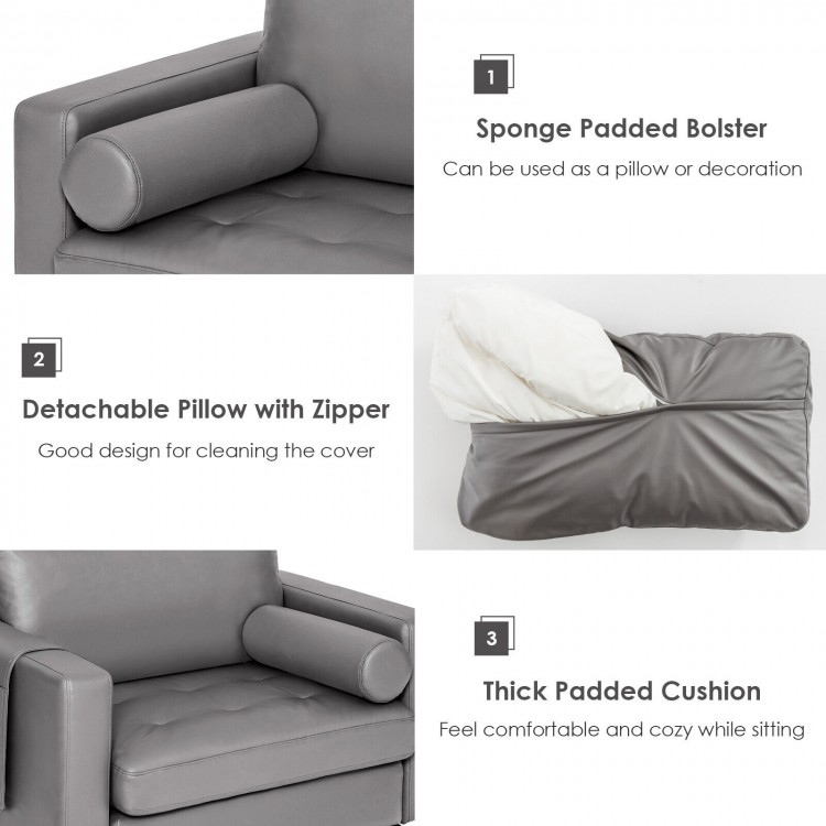 Gray modern single sofa featuring a detachable pillow, bolster, and side storage pocket for added convenience.