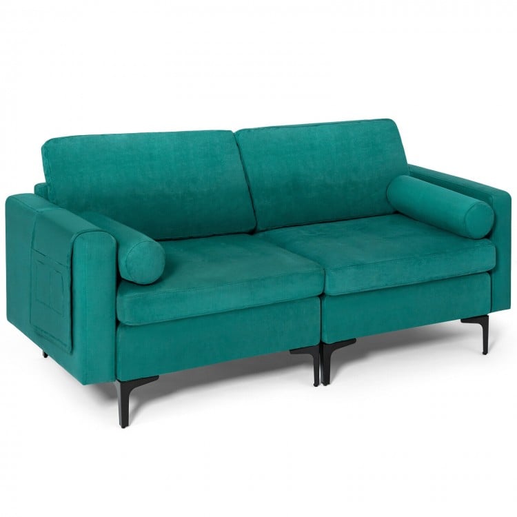 Two-seat modular L-shaped sectional sofa in peacock blue suede with plush cushions and side pocket for storage.