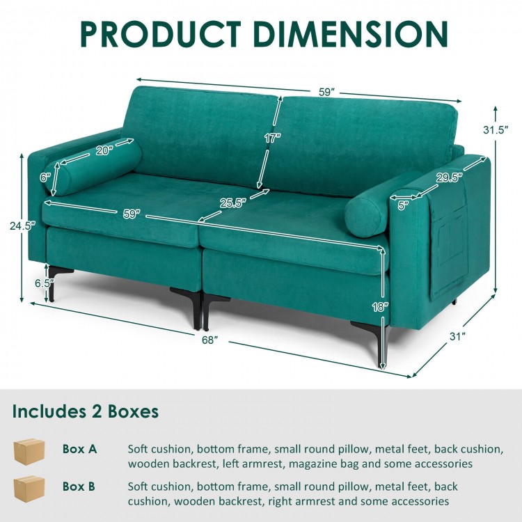 Modular 2-seat L-shaped sectional sofa in peacock blue suede with USB port, featuring soft cushions and sturdy metal.