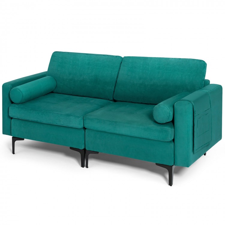 Peacock blue modular 2-seat sectional sofa with soft cushions, ergonomic armrests, and side pocket for storage.