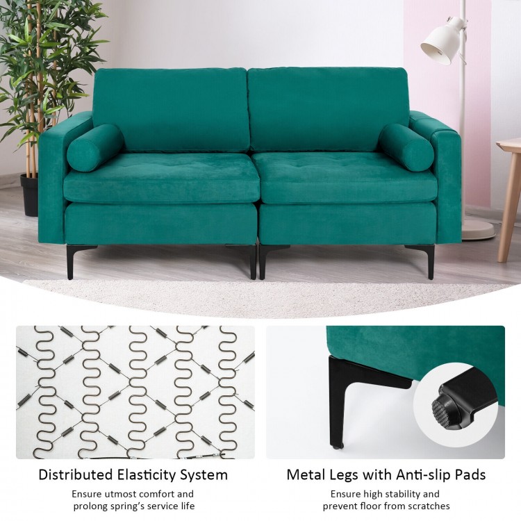 Peacock blue modular 2-seat sectional sofa with soft cushions, metal legs, and side pocket for storage. Ideal for.