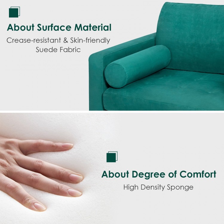 Peacock blue suede fabric and high-density sponge detail, showcasing comfort features of the modular L-shaped sectional.