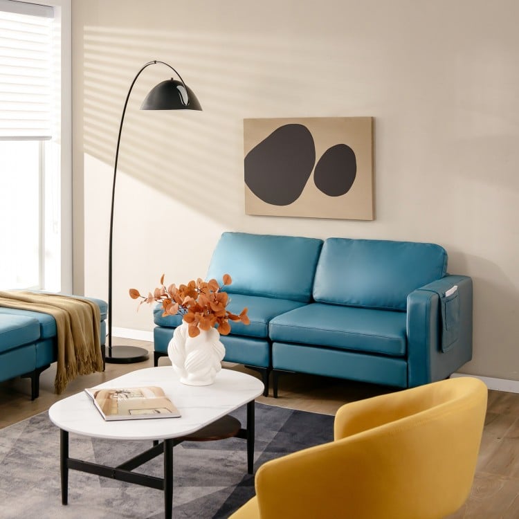 3-seat sectional sofa in blue with armrest magazine pocket and metal legs, perfect for living room comfort and style.