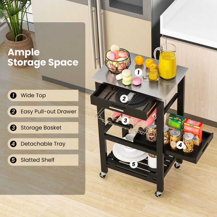 Kitchen island cart with stainless steel tabletop, pull-out drawer, and storage basket, ideal for kitchen organization.