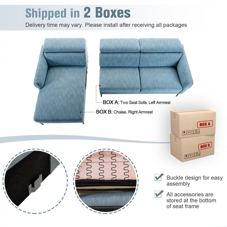 L-shaped blue sofa couch with adjustable headrests and thick cushions, ideal for living room comfort and relaxation.