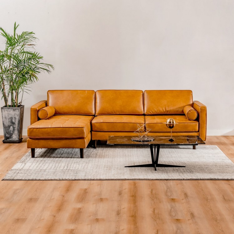 L-shaped brown sectional sofa with tufted air leather, accommodating 3-4 people, perfect for living room relaxation.