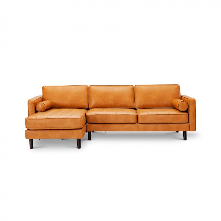 L-shaped brown sectional sofa with tufted air leather, accommodating 3-4 people, ideal for living room relaxation.