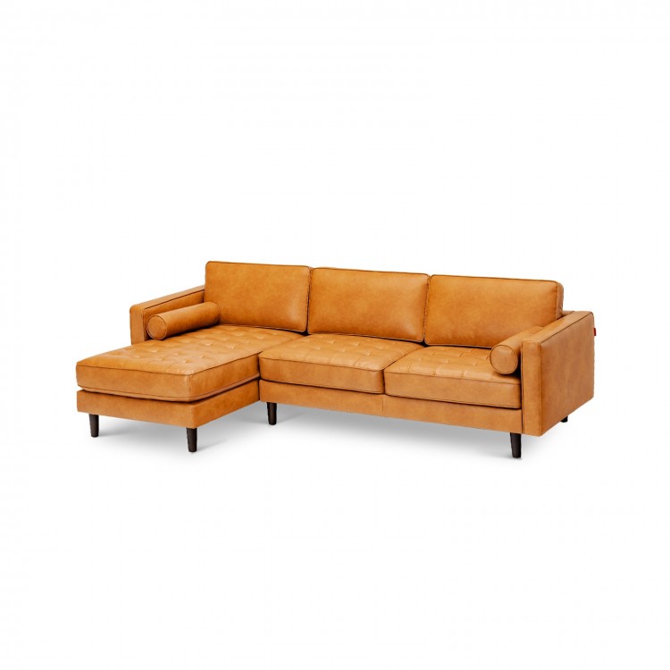 L-shaped brown sectional sofa with tufted air leather, accommodating 3-4 people, ideal for living room comfort.