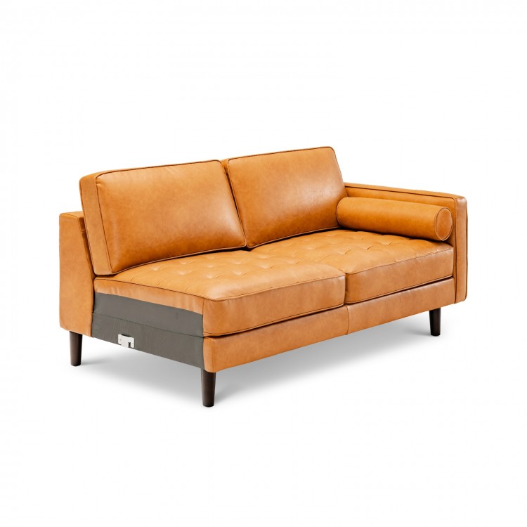 Single seat of a brown L-shaped sectional sofa with tufted air leather and bolster pillow, providing stylish support.